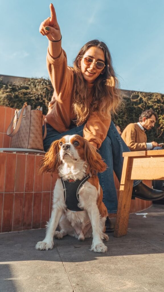 Woman pointing while sitting with a Cavalier King Charles Spaniel on a sunny day in Istanbul.