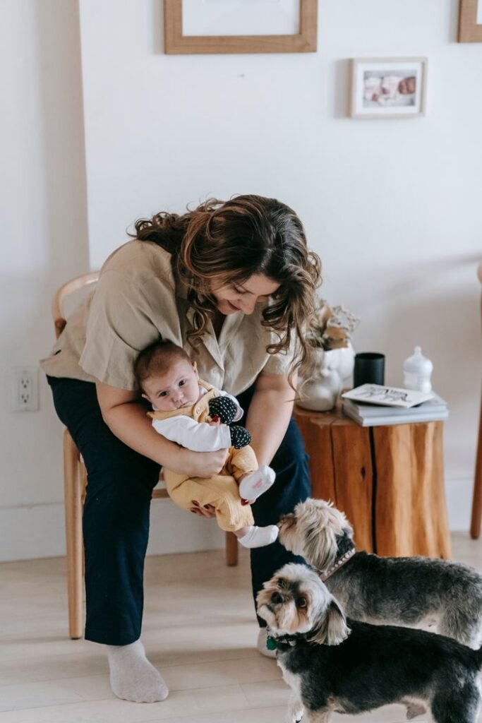 Mother cradling baby while two dogs play indoors.